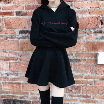Harajuku Fashion Dress Kvinder Gotisk Punk Steg Bogstaver Lange Ærmer Høj Talje Med Hat, Kjole Afslappet Street Sorte Kjoler Black