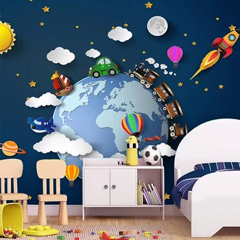 Brugerdefinerede 3D-Foto Tapet Tegnefilm Bil Stjerneklar Univers Planet Baby Soveværelse Børn Room Decoration Vægmaleri Papel De Parede