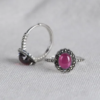 FNJ MARCASITE Ring 925 Sølv Justerbar Oprindelige S925 Massivt Sølv Ringe for Kvinder Smykker Rose Rød Korund Zircon