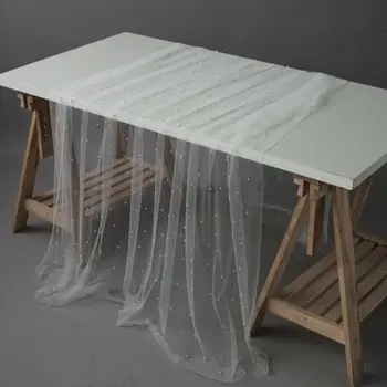 Hvid Tyl Mesh Med Perler Duge Til Photoshoot Dekorative Tabel Dække Nappe De Table