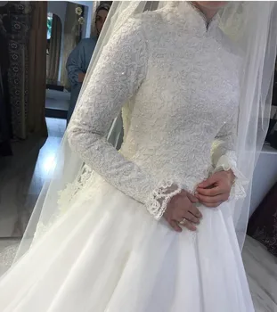 2021 Hvid Arabisk Muslimsk Bryllup Kjoler Prinsesse Høj Hals Lange Ærmer Lace Pynt Brude Kjoler Robe De Mariage