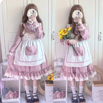 Japansk Sød Blød Pige Lolita Kjole Kvinder Foråret Efteråret Harajuku Søde Splejsning Farve Med Lange Ærmer Flæser Tea Party Kjoler
