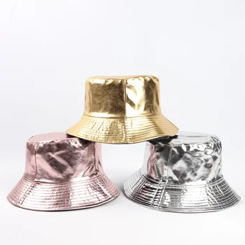 Fashion Sølv, Guld, Læder Fiskeri Cap Brand Casual Bucket Hat Ud solbeskyttelse Bonnie Hat Mandlige Camping Borras til Kvinder, Mænd