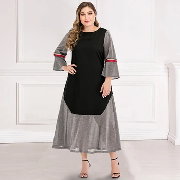 Siskakia Foråret 2020 Elegant Kjole Plus Size Kvinder O-Hals Lange Ærmer Mode Hit Colot patchwork Midi Kjoler Skinnende Sølv Nyt
