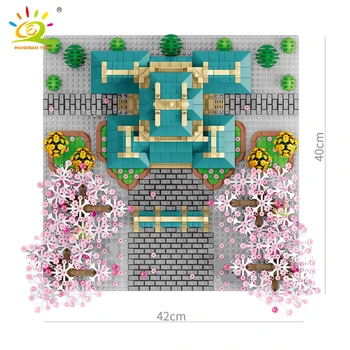 HUIQIBAO 2529PCS Sakura Blomst Cherry Blossom Sæson indre Gårdhave byggesten Byens Arkitektur View Mode Mursten Børn Legetøj