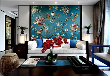 Håndmalet oil painting stil tapet Kinesiske blomster og fugle retro stuen TV-baggrund-tapet