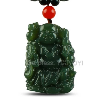 Smuk, Naturlig Grøn HeTian Jade Skåret Kinesiske Larghing Buddha Amulet Heldig Vedhæng + Gratis Halskæde Certifikat Fine Smykker