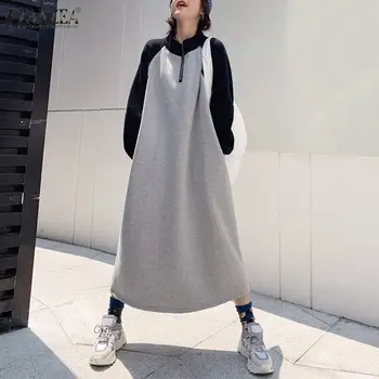 ZANZEA koreansk Stil Kvindelige Sweatshirt Kjole Stå Krave, lynlås Midi Vestidos Casual Farve Patchwork Fuld Ærme Robe Plus Størrelse