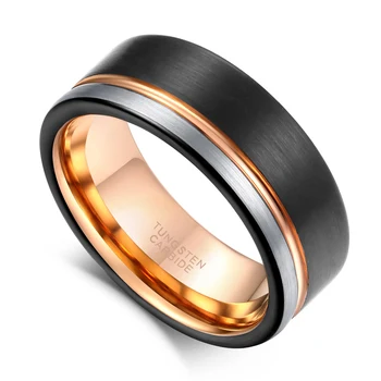 TIGRADE Ring Mænd Wolfram Ring Sort Rose Gold Line-Børstet 8mm Bryllup Band Engagement Ring Mænds Parti Smykker Bague Homme