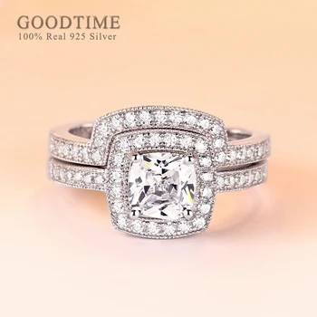 Luksus Kvinder Ring 925 Sterling Sølv Bride Wedding Ring Pladsen Zircon Rhinestone Engagement Ring Sæt sølv Smykker Gave