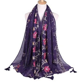 Damer Mode Almindelig Sy Blomster Diamant Bomulds Tørklæde Sjal Efteråret Høj Kvalitet Pashmina Cachecol Bufandas Mujer Muslimske Hijab