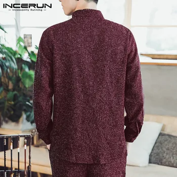 INCERUN Kinesisk Stil Mænd Shirt med Lange Ærmer-Knappen Streetwear Stå Krave Vintage Elegant Casual Skjorter Mænd Solid Camisa S-5XL