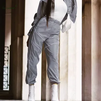2019 Foråret Kvinder, Høj Talje Løs Stribe Reflekterende Cargo Bukser Kvindelige Harajuku Grå Bukser med Lommer Streetwear Løbere