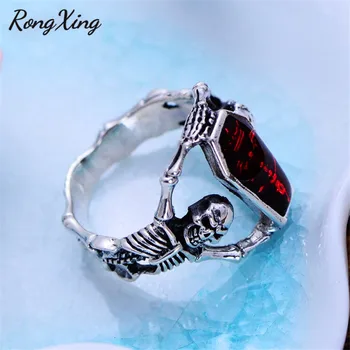 RongXing Vintage Punk Red Stone Skull Ringe til Mænd, Kvinder Sølv Farve Skeleton Ring Kvinder mænd Fashion Party Tilbehør