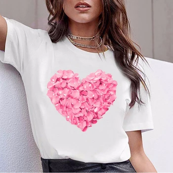Dejlig Pink Hjerte Blomster Print Kvinder Skjorte Hvid Kort Ærme T-Shirts Søde Pige Harajuku-Shirt Kawaii Tee Kvindelige 2020 Sommer