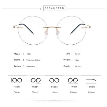Unisex Skrueløs Titanium Uindfattede Brillestel,Guld-Mænd Recept Nærsynethed Optiske Briller Ramme, Runde Briller F963