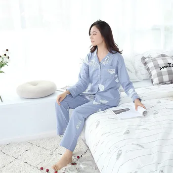 2021 Nye Sommer Tynd Bomuld Homewear Kvinder Pyjamas, Der Passer Dobbelt Gaze Lange Ærmer Loungewear Blad Print Kvindelige Nattøj Sæt