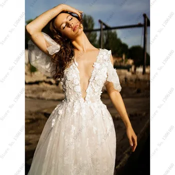 Thinyfull Off Skulder Lace Wedding Kjole Med Blomster Sexy V Hals En Linje Bruden Kjole Med Blonde Pynt Vestido De Novia 2020