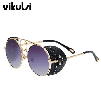 Gothic Stjernede Designer Solbriller Kvinder 2019 Mode Luksus Vindtæt PU Overdimensionerede Runde Solbriller Til Kvinder Herre Nuancer UV400