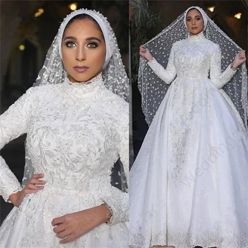 Robe de mariee skræddersyet Høj Hals Lange Ærmer Muslimske brudekjoler 2020 Luksus Prinsesse Blonder Bolden Kjole brudekjoler