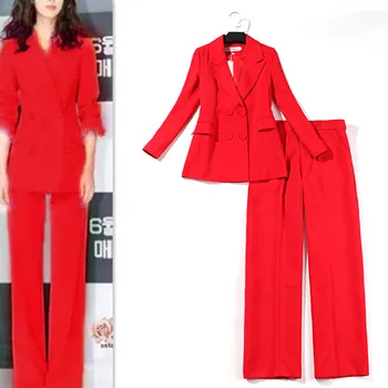 Rød kvinders bukser, der passer passer til to-stykke kvindelighed 2020 nye damer blazer høj kvalitet Kontor tøj Elegante wide-ben bukser