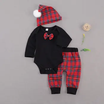3 STK Baby Jakkesæt, er nyfødte Dreng Pige ensfarvet O-neck Long Sleeve Top med Sløjfe, Plaid Lange Bukser og Hat, Tøj
