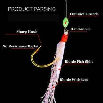 LEDIAO 5 Pakker Fiskeri String Kroge Bionic Fisk, makrellen Fjer Carbon Stål Krog Lysende Bønner 6 Stk Agn Krog Tackle