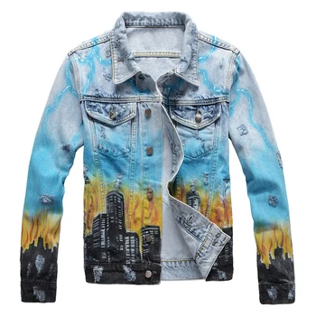 Sokotoo Mænds dragon farvet malet jean jakke Trendy streetwear huller rippet denim lag af Høj kvalitet