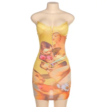 ANJAMANOR Æstetiske Vintage Print Corset Top og Mini Nederdel To delt Sæt Sexy Club Outfits til Kvinder, Matchende Sæt D96-CH16