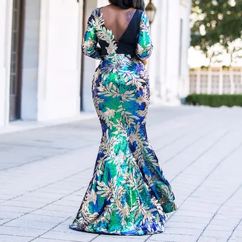 Vintage Grøn langærmet Havfrue Palliet Kjole Aften Afrikanske Kjoler til Kvinder Sparkly Elegante Plus-Size Skinnende Part vestidos