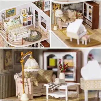 3D-DIY Træ Dukkehus Kit Santorini Miniature Møbler Hjem Dekoration Dukke Hus Kids Legetøj Jul Valentine Gaver