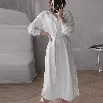 Kvinder Kjole 2020 Forår Sommer koreansk Mode shirt Kjole Damer Solid farve Elegante Kjoler Med Bælte Single-breasted Tøj