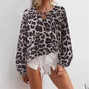 Kvinder Lady Polka Dot Stribet Leopard V-Hals Lange Ærmer Løs Bluse Toppe Shirt Mode Elegant Casual Skjorte Bluse Blusa Toppe