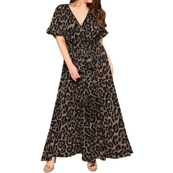 5XL Plus Size Kjole Kvinder 2020 Mode Sommeren V-Hals, Korte Ærmer med Leopard Print Casual Kjole Belted Maxi Lange Kjoler