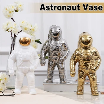 Guld Plads Man Skulptur Astronaut Mode Vase Kreativ, Moderne Keramik Kosmonaut Model Ornament Dekorationer Have Statuen Hjem