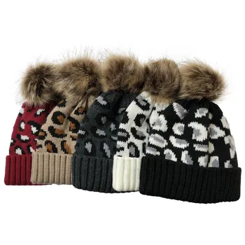 Vinteren Kvindelige Pels Pom Poms Hat Vinter Hat Til Kvinder, Piger Leopard Hat Strikkede Huer Kasket Hat Tykke Kvinder Skullies Huer #99