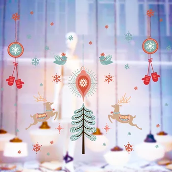 Glædelig Jul Farverige Hjorte, Fugle Snefnug Handsker Tegnefilm Wall Sticker Soveværelse Vindue Glas Dør Vægmaleri Decal Vægoverføringsbilleder
