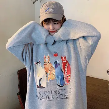 Deeptown Koreanske Sweatshirt Kvinder Efteråret 2020 Mode Kat Print Hoodie Med Lange Ærmer Varm Løs Pullover Afslappet Plus Velvet Hættetrøjer