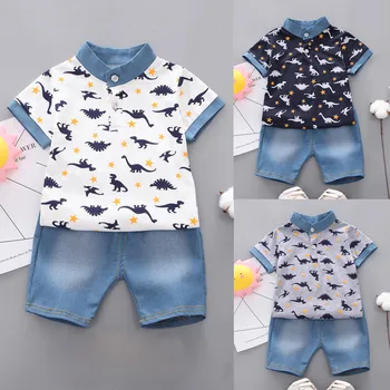 Baby Boy Tøj Sæt Sommer Nyfødte Tøj Barn Børn Baby Dreng Korte Ærmer Crown Mønster Shirt, Toppe+ Denim Bukser Sæt
