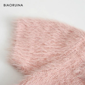 BIAORUINA Kvinder Pink kunstskind Sød Lige Strikket Pullover-Knappen Turn-down Krave Kvindelige Mode Fluffy Trøje med Korte Ærmer