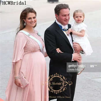 Blush Pink Krystal Plus Size Gravide Kvinder Kjole Til Aften I Half Sleeve En Linje Royal Celebrity Prom Kjoler Skræddersyet Fest Kjole