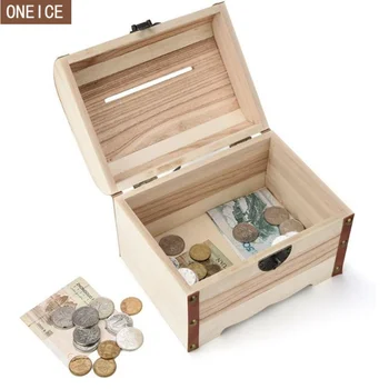 Lås træ-sparegris Håndlavet vintage børns mønt box dekorative opbevaringsboks pengesedler og mønter, pengeskab penge box