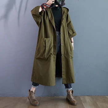 Bomuld plus size Overstørrelse hætteklædte casual løs lange efterår forår trench coat for kvinder 2021 tøj, Overtøj