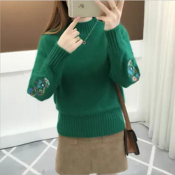 Halvdelen Turteneck Strikket Sweater 2018 Koreanske Kvinder Trøjer Løs Blomster Broderi Vinter Sweater Toppe Outwear Trække Femme