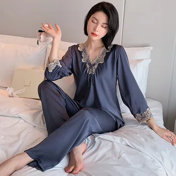 Sexy Blonde Trimmet Pyjamas Mujer PJ Homewear Sæt 2020 Kvinder Elegante Pyjamas Sæt Silke langærmet Pijamas Casual Nattøj