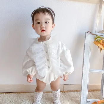 Spædbarn baby piger fuld ærme outwear solid bomuld casual mesh overalls nyfødte barn bodyer børnetøj 0-24M