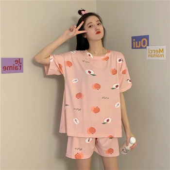 Pullover To Delt Sæt Tøj Hjem Søde Fersken Print Træningsdragt Sommeren Kvinder Koreanske Pyjamas Sæt Besætning Hals Tynde Nattøj S949