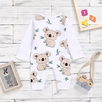 Nyfødte Bomuld Romper Spædbarn Børns koala tegnefilm trykt langærmet buksedragt og kjole Baby, Dreng, Pige Tøj
