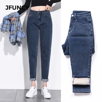 JFUNCY Nye Vinter Plus Størrelse kvinde ' s Plus Cashmere Varm Stretch Jeans med Høj Talje Slank Sort Blå Bukser