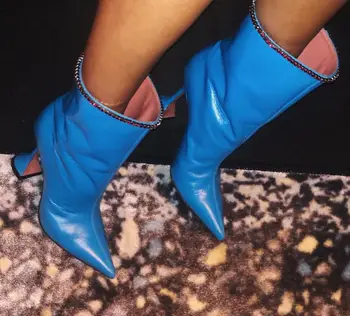 VIISENANTIN Kvinder Ankel Støvletter Diamant Udsmykning Spids Tå Mærkelige Heel Boot Microfiber Black Blue Fashion Sko Mujer